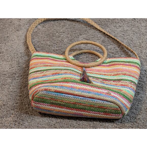 T. Cappelli Woven Straworld Rainbow Boho Straw Tote Bag Circular Handle Tassel - Picture 7 of 8